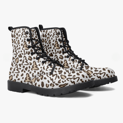 Leopard Print Christmas Tree Vegan Leather Trendy Classic Combat Boots Holiday Boots Christmas Rainboots Animal Print Shoes