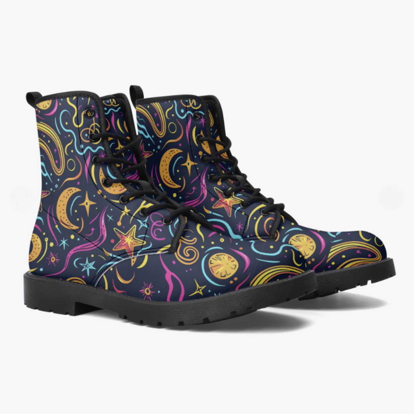 Neon Celestial Vegan Leather Classic Combat Boots Stars Moons Waterproof Leather Boots