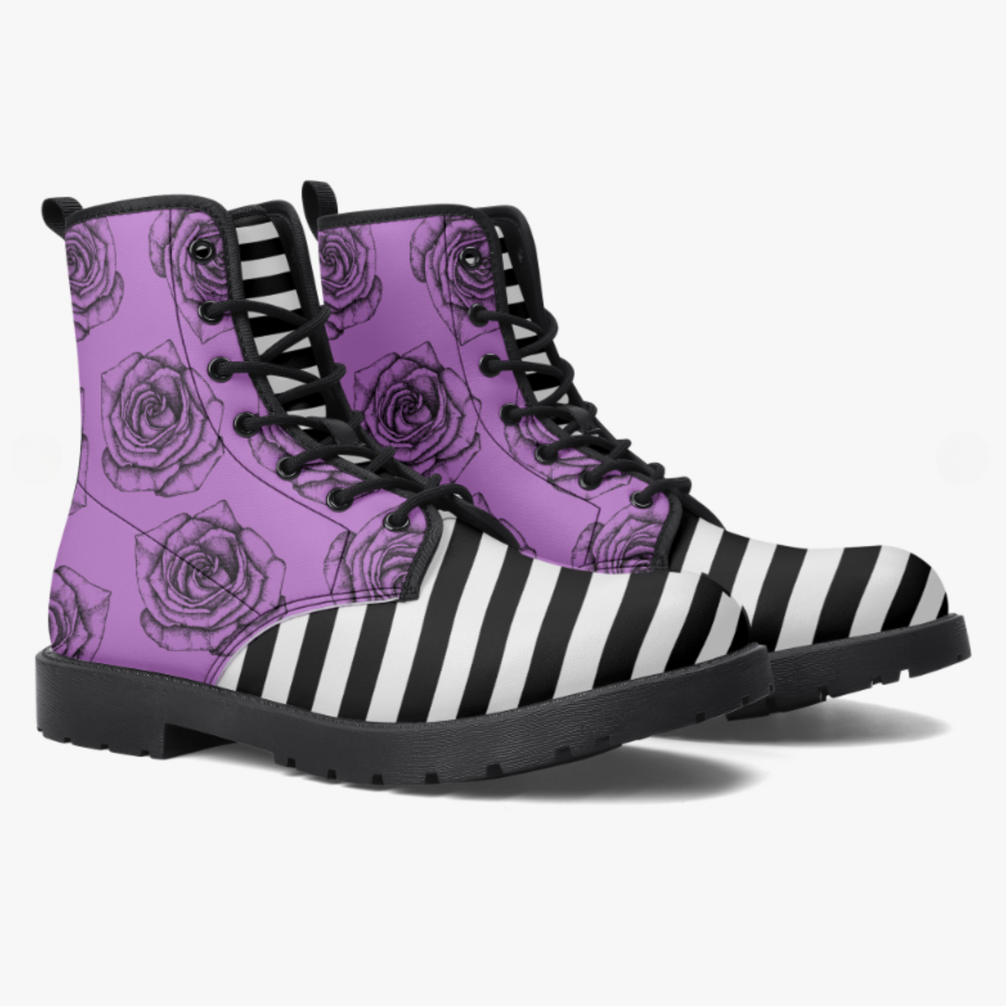 Purple Black Roses Stripes Vegan Leather Classic Combat Boots Flowers Boots Stripes Rainboots