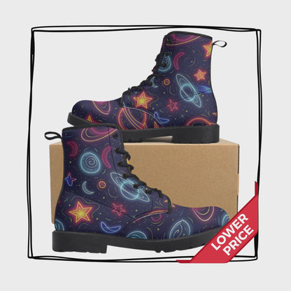 Neon Planet Vegan Leather Classic Combat Boots Astronomy Saturn Moons Stars Cosmic Waterproof Boots