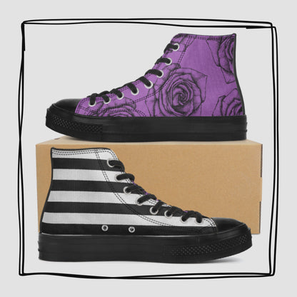 Black Roses and Stripes High Top Canvas Shoes Floral Striped Purple Tennis Shoes Flowers Sneakers Hi Tops