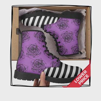 Purple Black Roses Stripes Vegan Leather Classic Combat Boots Flowers Boots Stripes Rainboots