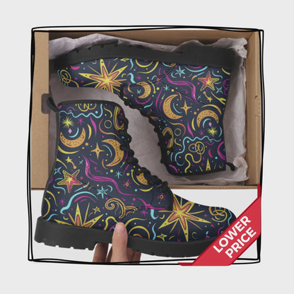 Neon Celestial Vegan Leather Classic Combat Boots Stars Moons Waterproof Leather Boots